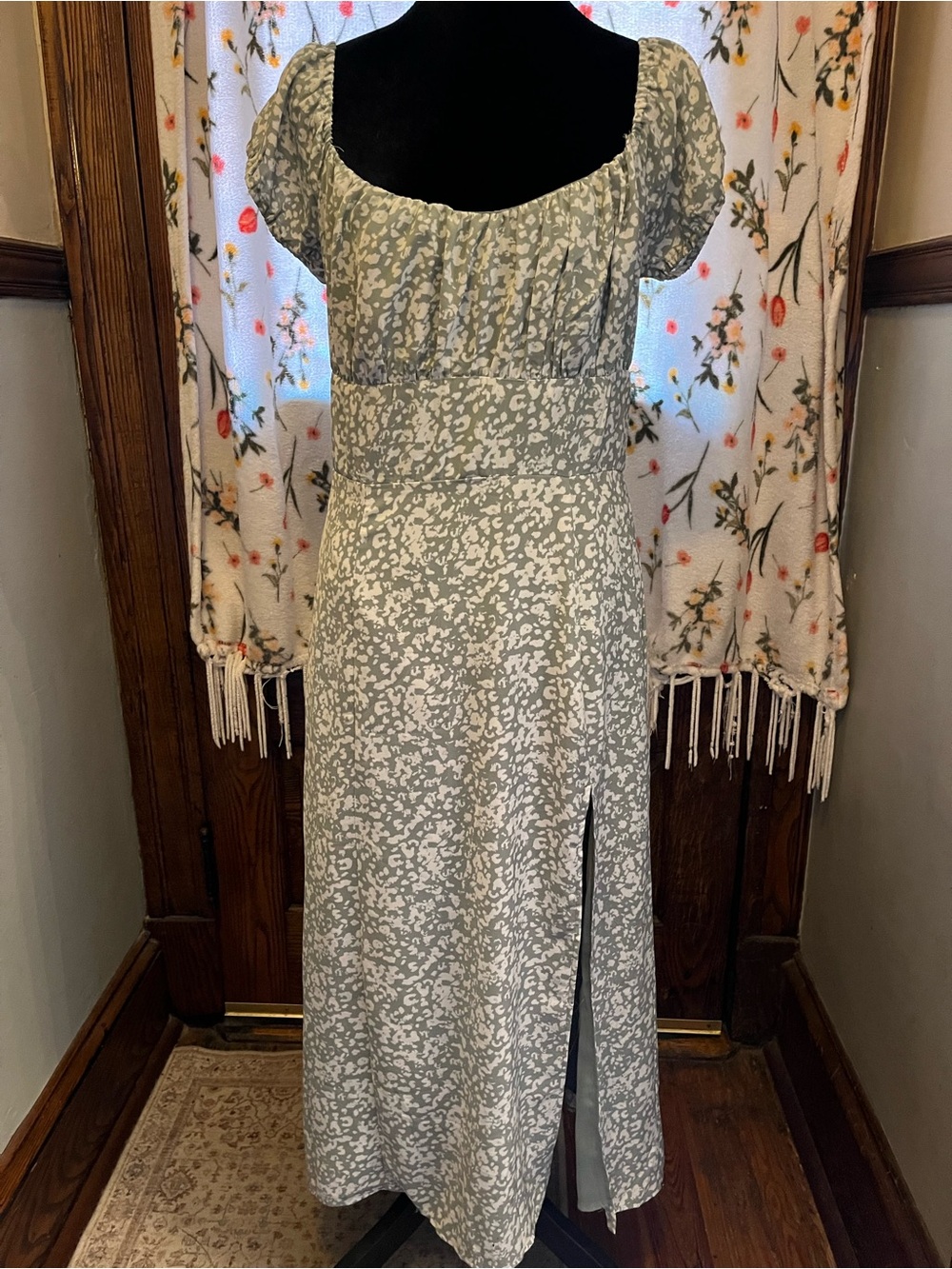 Abercrombie & Fitch Sage Green Floral Maxi Dress with Puff Sleeves